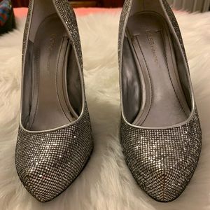 BCBG 4” sliver glitter heels